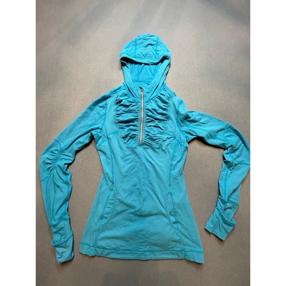 Lululemon Turquoise Blue Ruched Half Zip Hoodie Long Sleeve Thumbholes Size 6-53